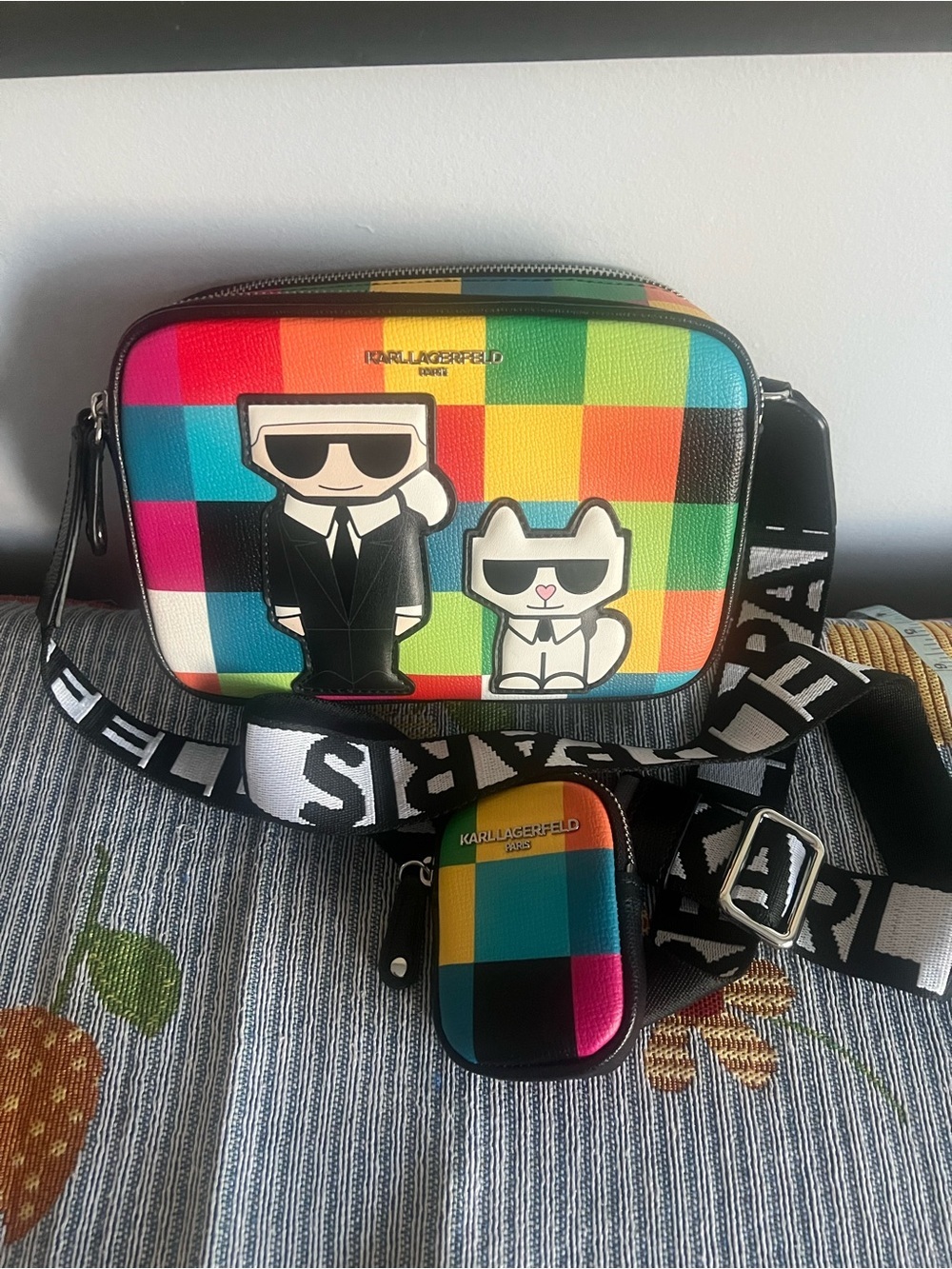 KARL LAGERFELD PARIS Maybelle Camera Crossbody Bag Multicolor Check Combo EUC